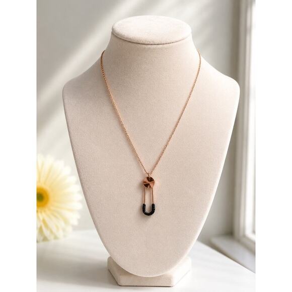 Other Jewelry - Rose Gold Safety Pin Pendant Necklace Black Crystal Minimalist Women Jewelry